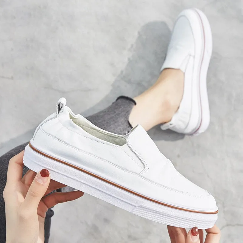 100% Genuine Leather Shoes Women Sneakers Casual Women Leather Shoes Fashion Loafers Women Flats Brand Female White Shoes A1532