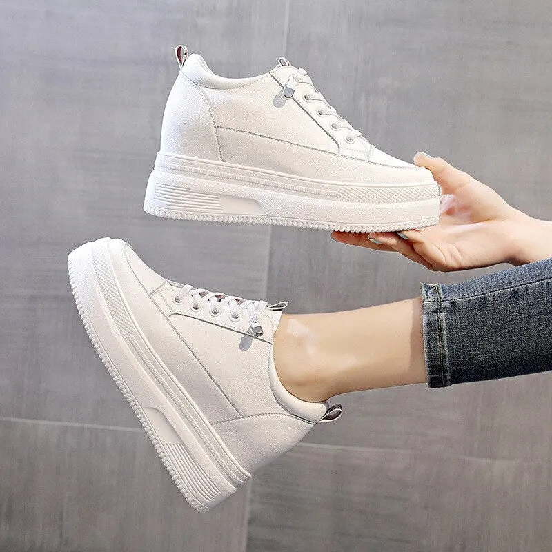 100% Genuine Leather Shoes Women Sneakers Spring Summer Mesh Shoes Women Platform Shoes Ladies Height Increasing 8.5cm A3566