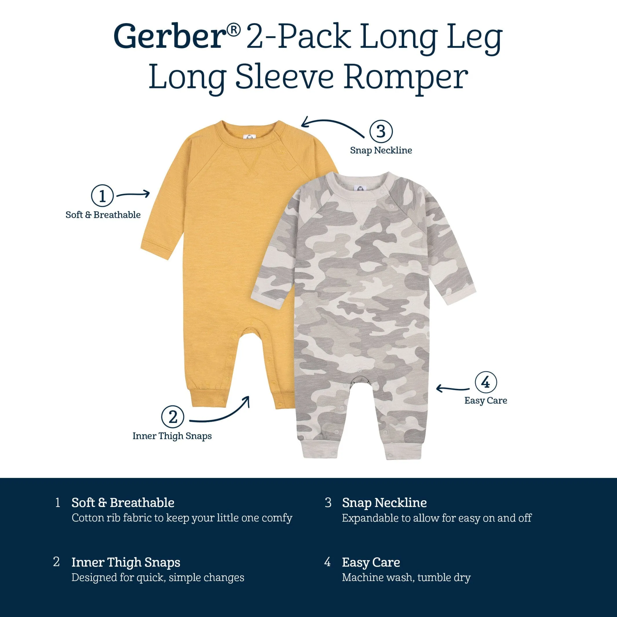 2-Pack Baby Boys Gray Camo & Yellow Raglan Sleeve Romper