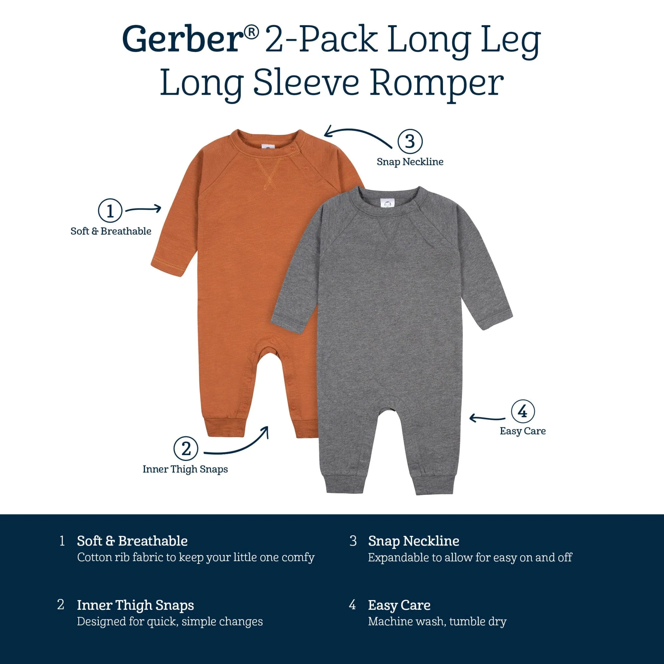 2-Pack Baby Boys Heather Gray & Rust Raglan Sleeve Romper