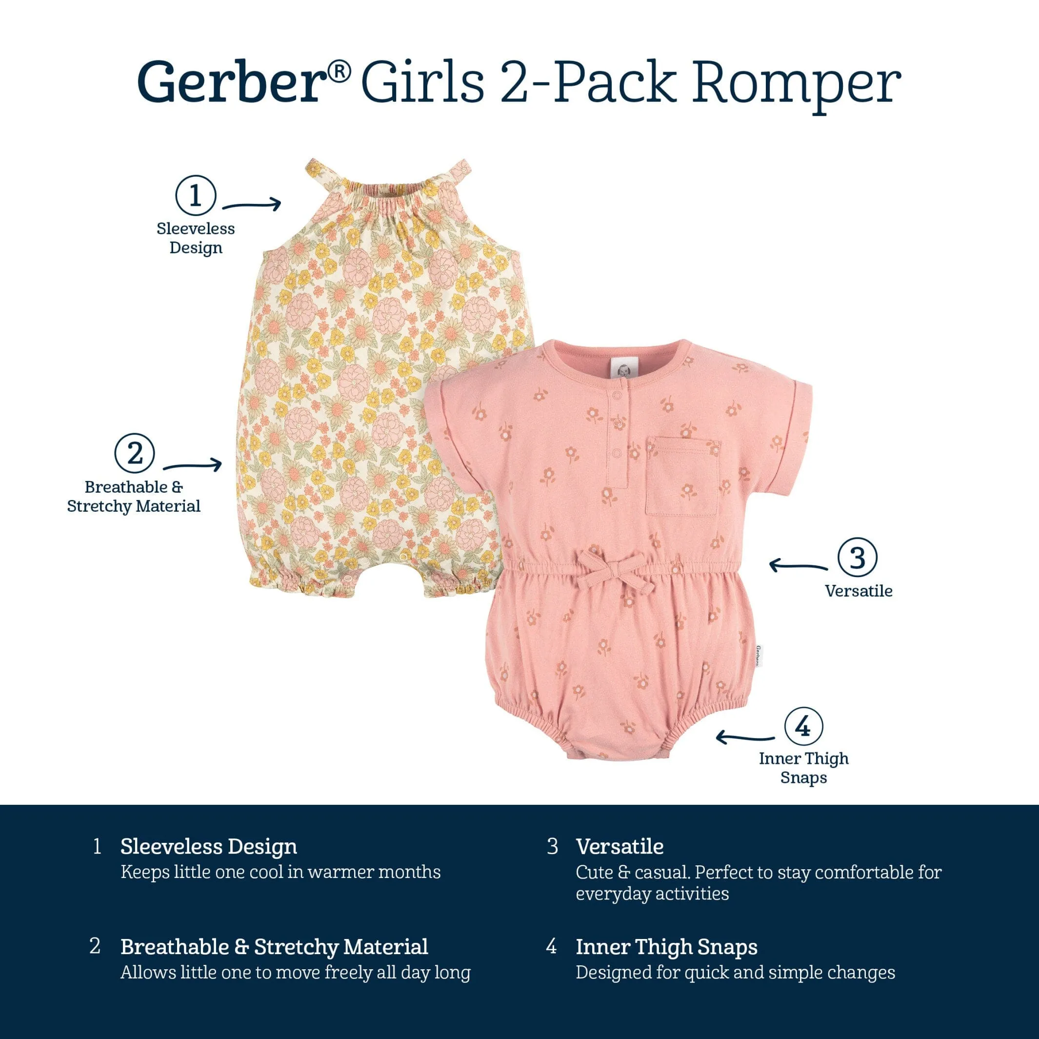 2-Pack Baby Girls Retro Floral Rompers