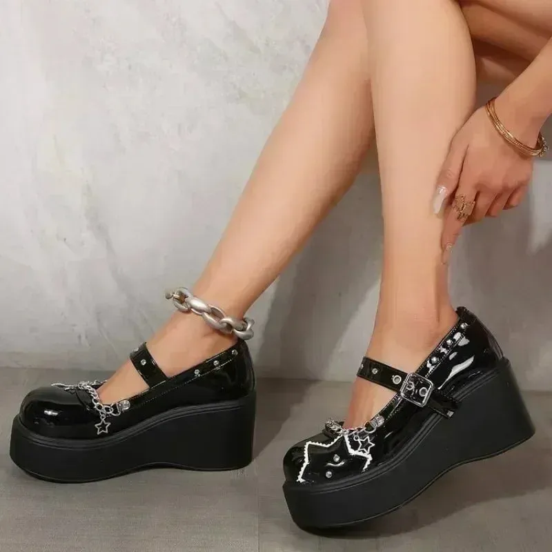 2024 Fashion Zipper Chunky Platform Mary Janes - Women's Patent Leather Y2K Gothic Shoes