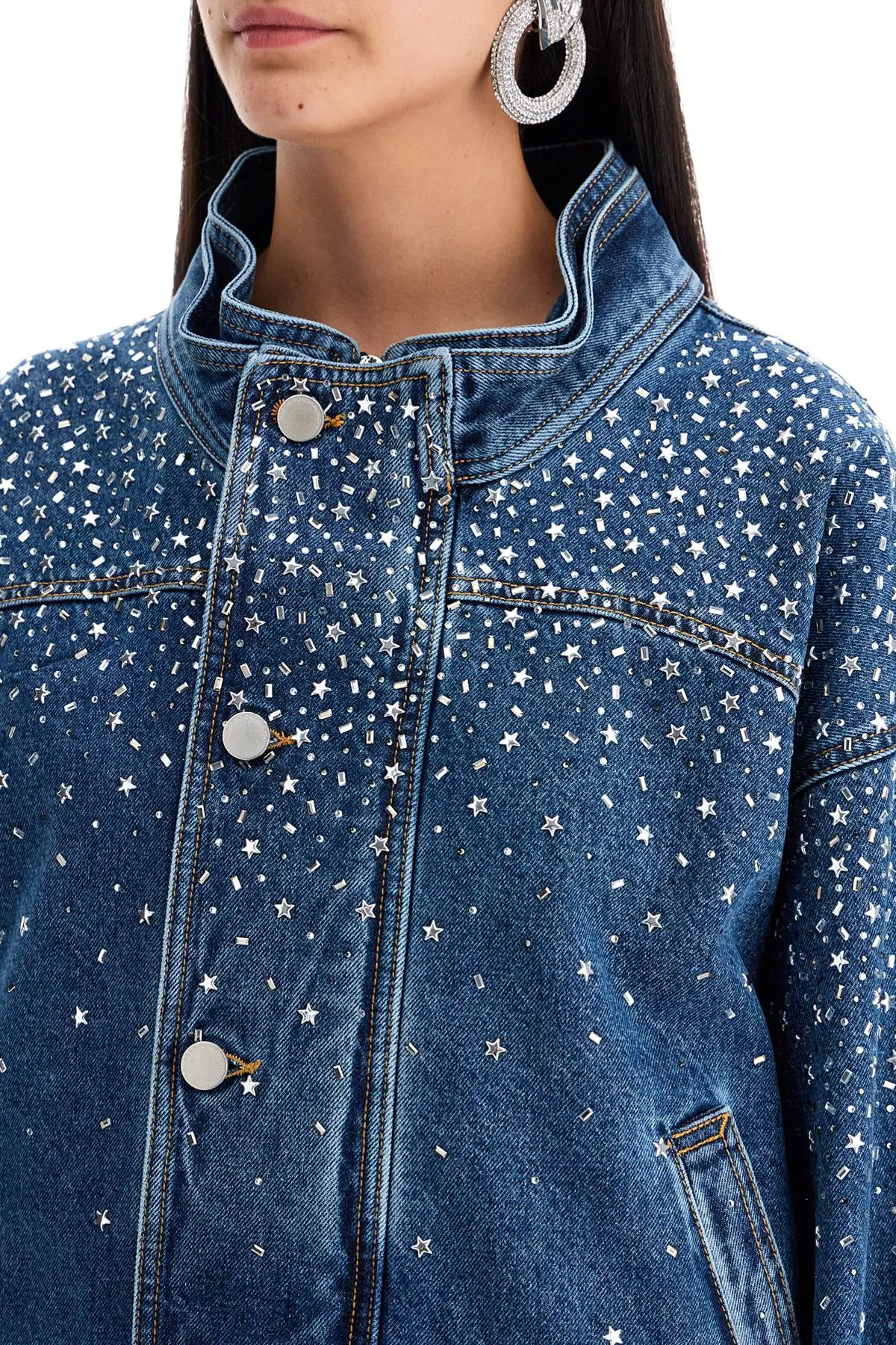 Alessandra Rich Denim Bomber Jacket With Rhin