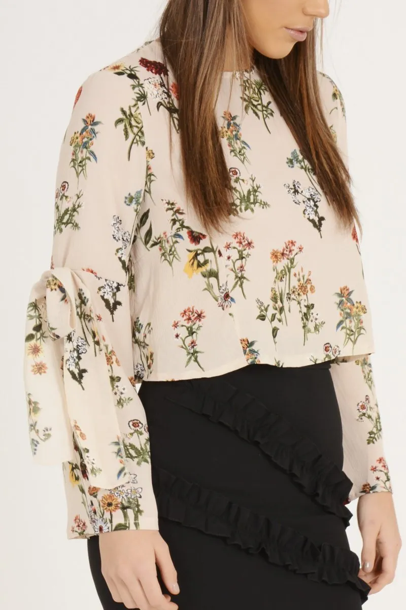 Apricot Floral Tie Bell Sleeve Top - Gemma