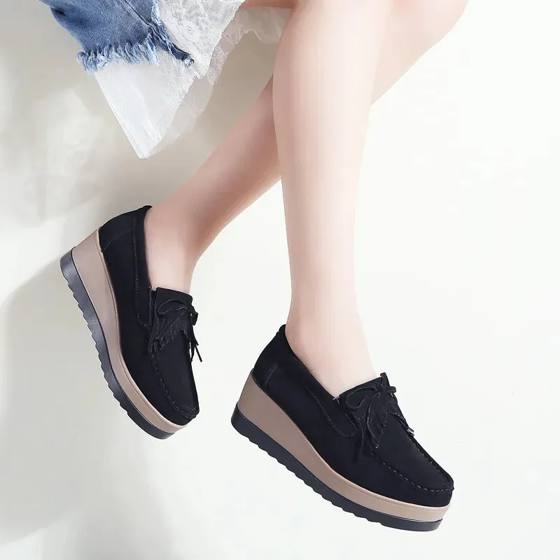 Ashore Shop Women Platform shoes leather suede plush slip on  loafers