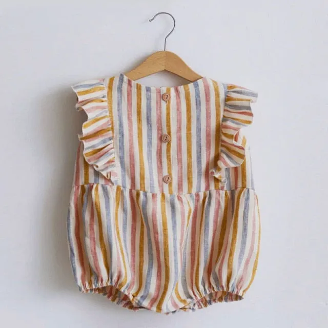 Baby Girl Rompers Summer Newborn Baby Clothes Cotton Linen Solid Color Stripe Baby Girl Clothing For 0-24M