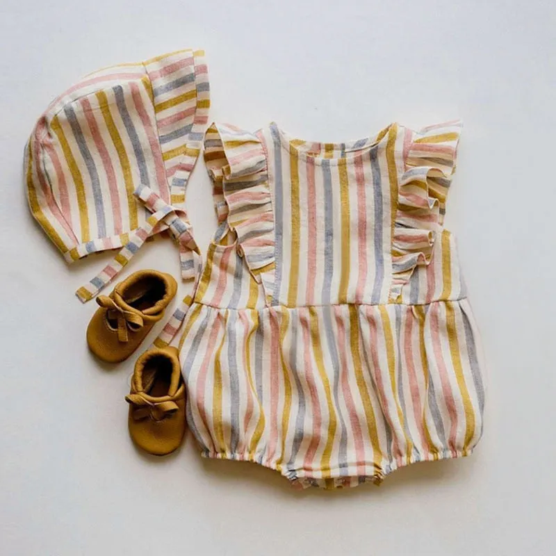 Baby Girl Rompers Summer Newborn Baby Clothes Cotton Linen Solid Color Stripe Baby Girl Clothing For 0-24M