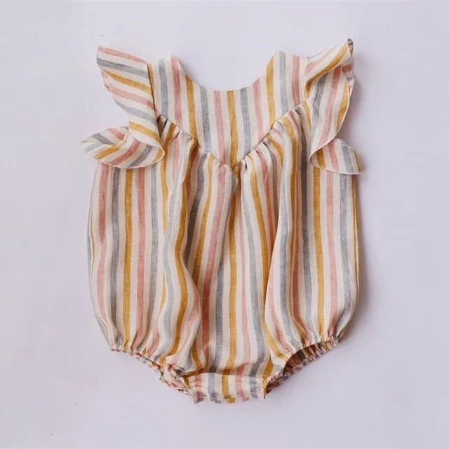 Baby Girl Rompers Summer Newborn Baby Clothes Cotton Linen Solid Color Stripe Baby Girl Clothing For 0-24M