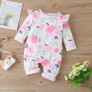 Baby Girls Spring Autumn Rompers Flower Print Long Flying Sleeve Baby Jumpsuits - BTGR8445