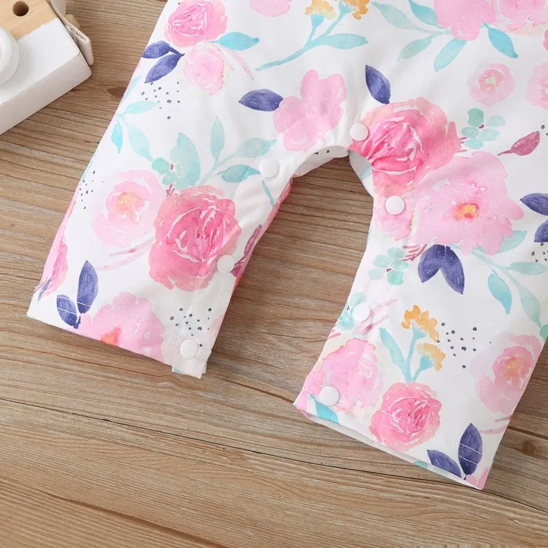 Baby Girls Spring Autumn Rompers Flower Print Long Flying Sleeve Baby Jumpsuits - BTGR8445