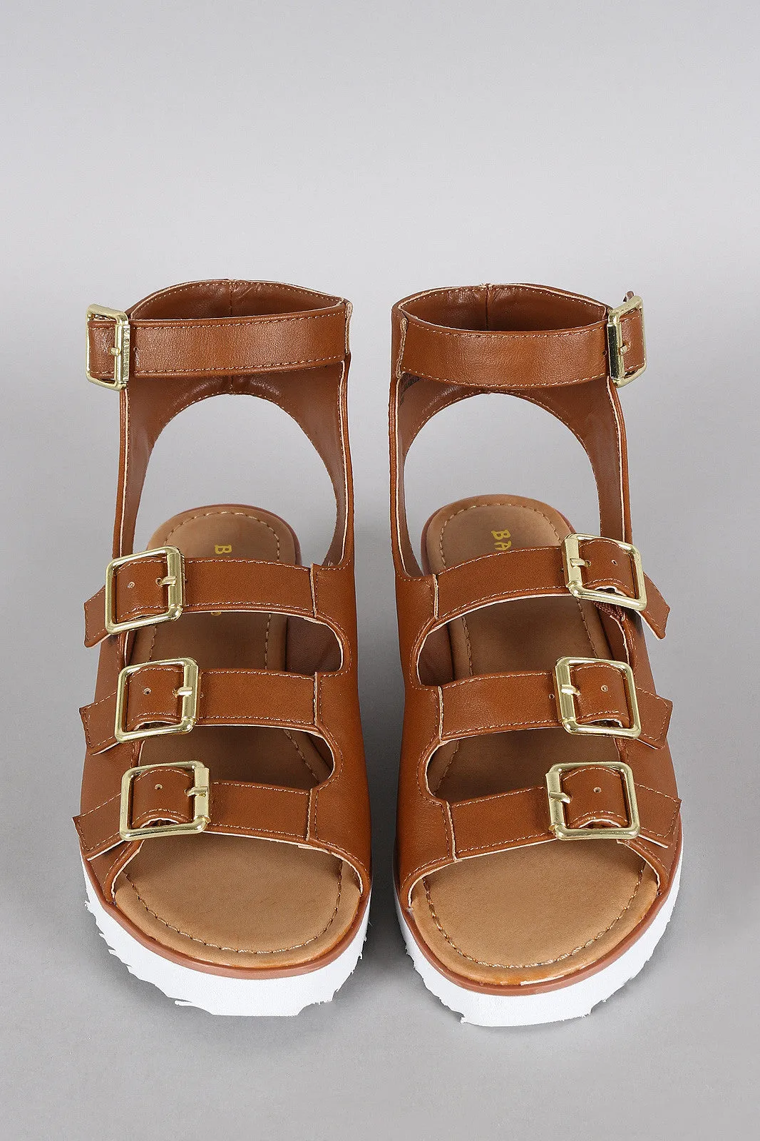 Bamboo Multi-Buckle Strap Wedge Sandal