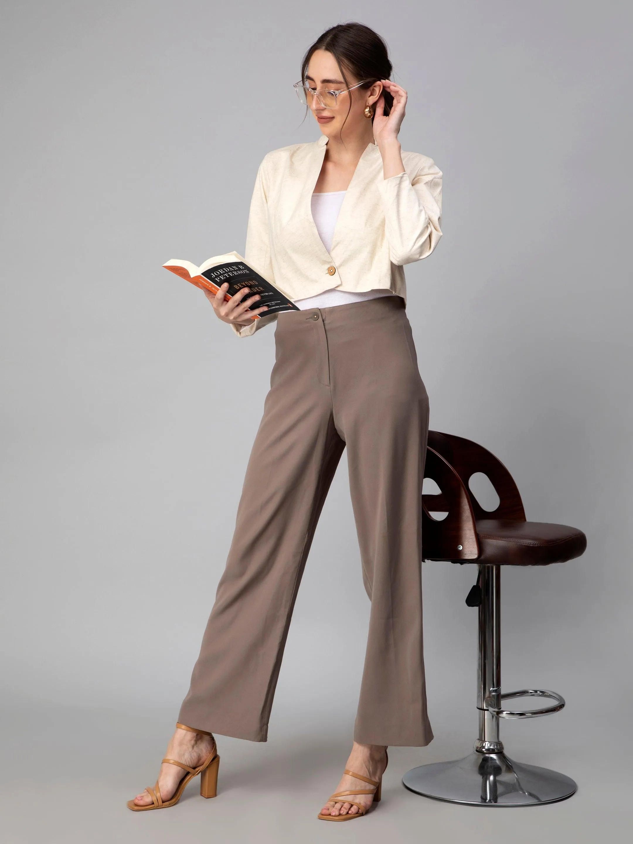 Beige Cotton Cambric Crop Blazer: Casual Elegance with Mandarin Collar and Tailored Fit