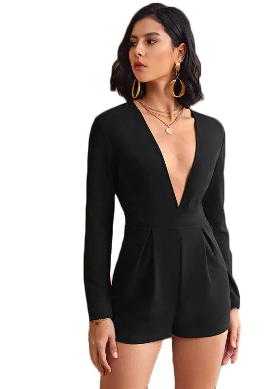 Black Plunging Neck Boxy Pleated Romper