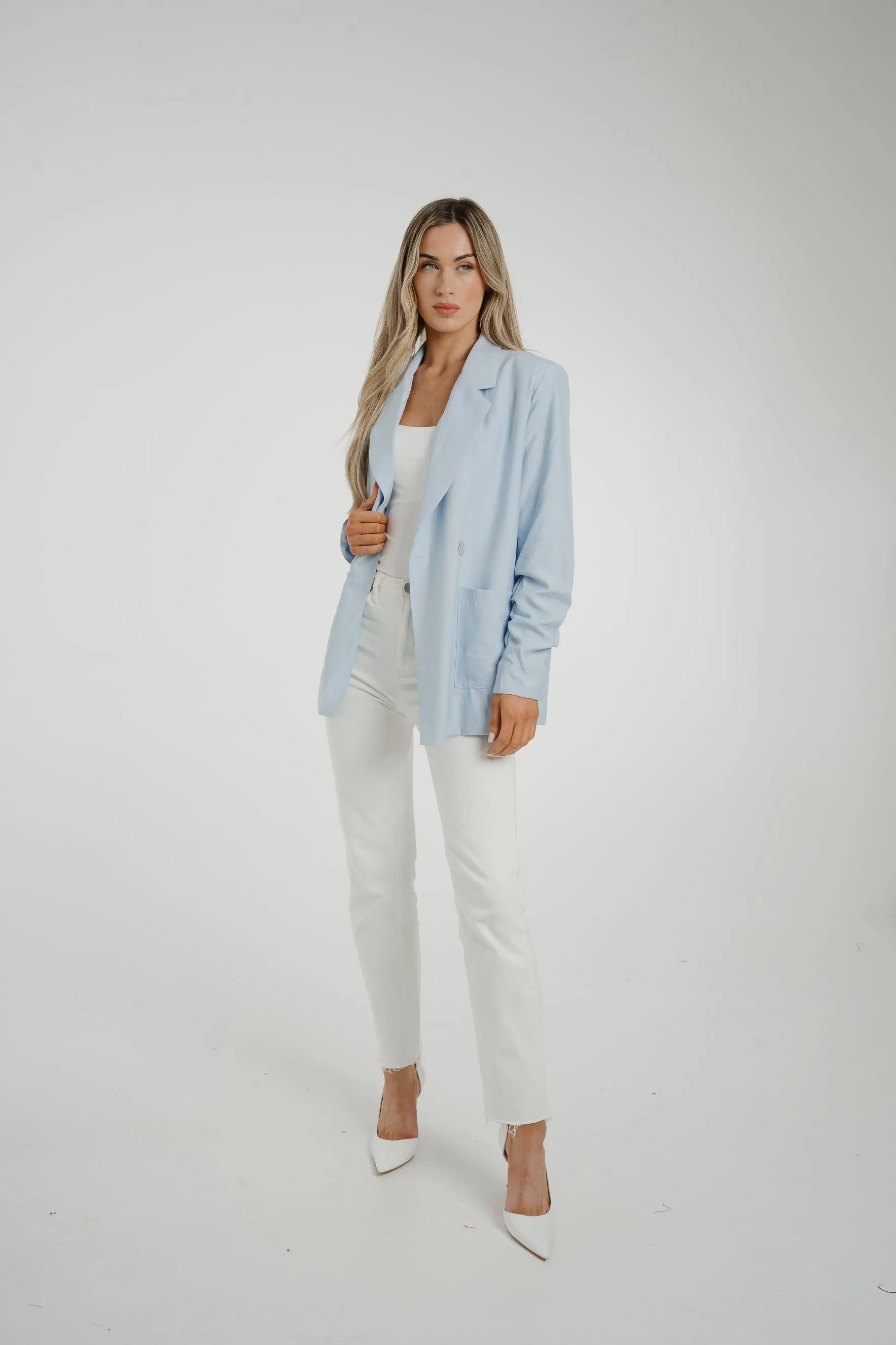 Caitlyn Ruched Sleeve Pocket Blazer In Blue