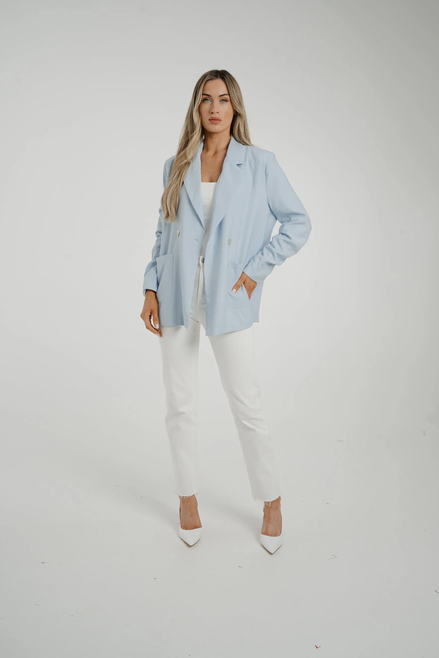 Caitlyn Ruched Sleeve Pocket Blazer In Blue