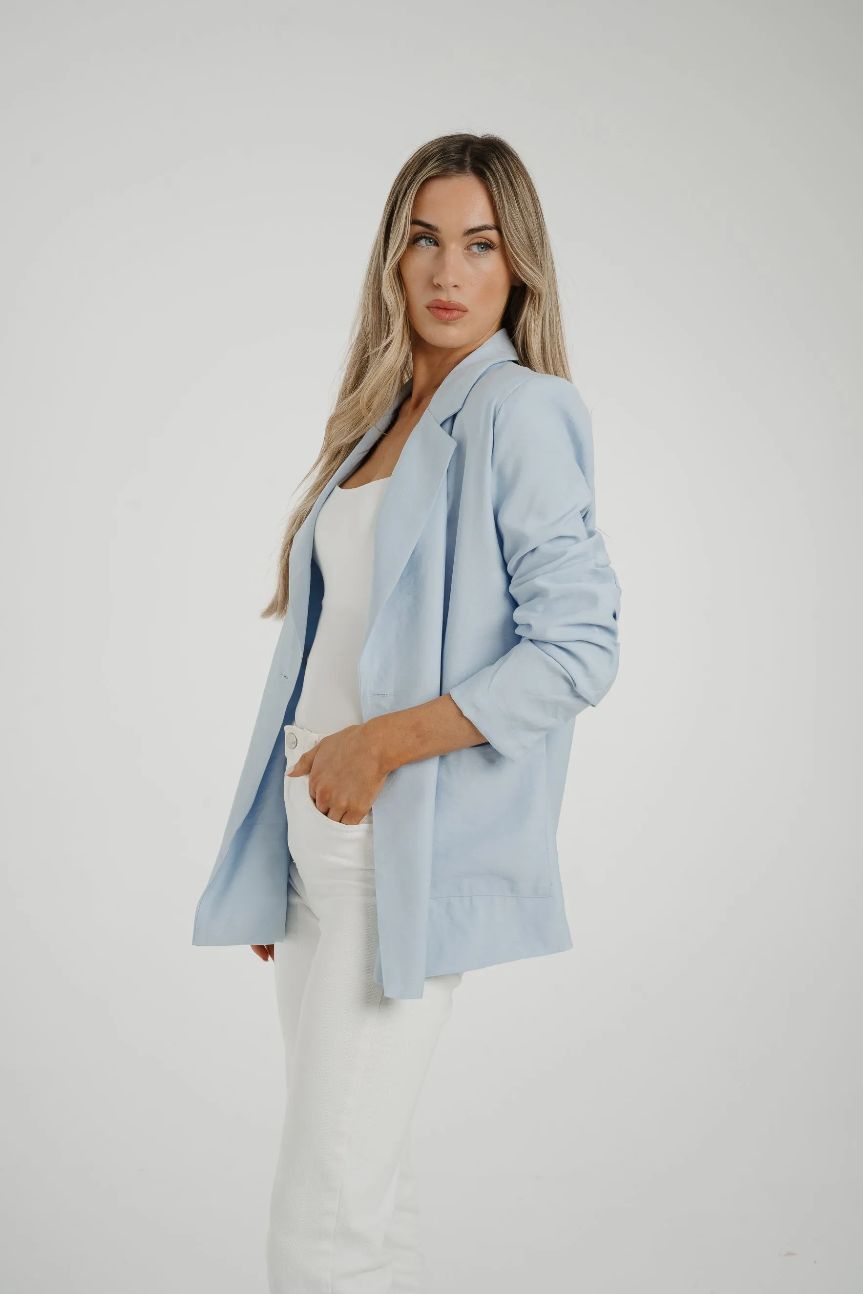 Caitlyn Ruched Sleeve Pocket Blazer In Blue