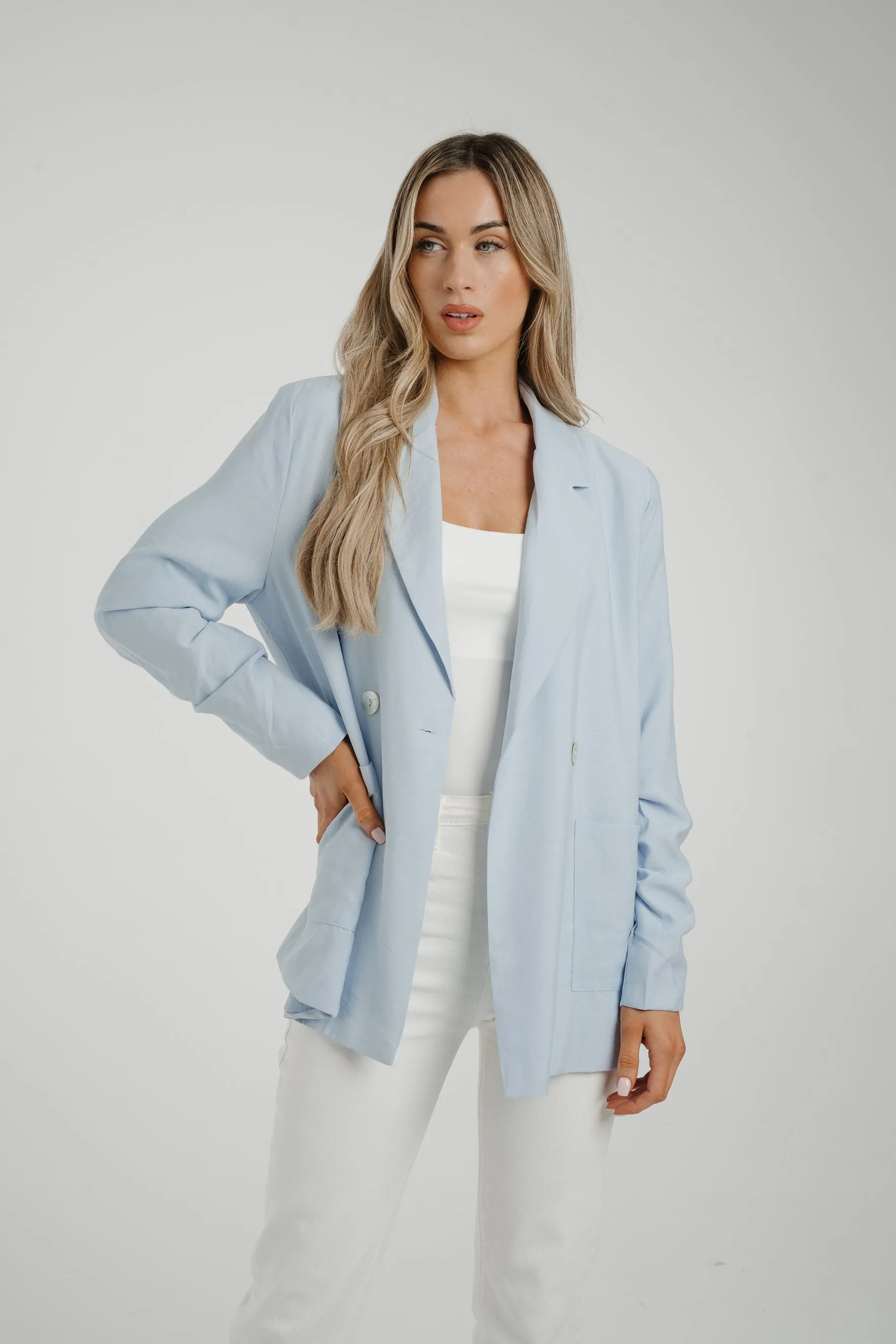 Caitlyn Ruched Sleeve Pocket Blazer In Blue