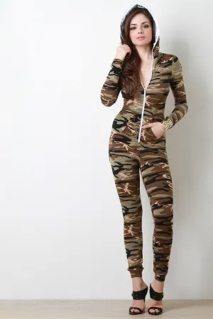 Camoflauge Zip-Up Hooded Long Sleeve Jumpsuit