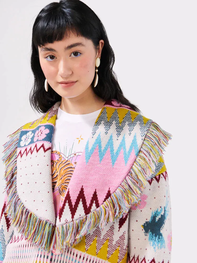 Charming Birds Merino Jacquard Fringe Bomber Cardigan