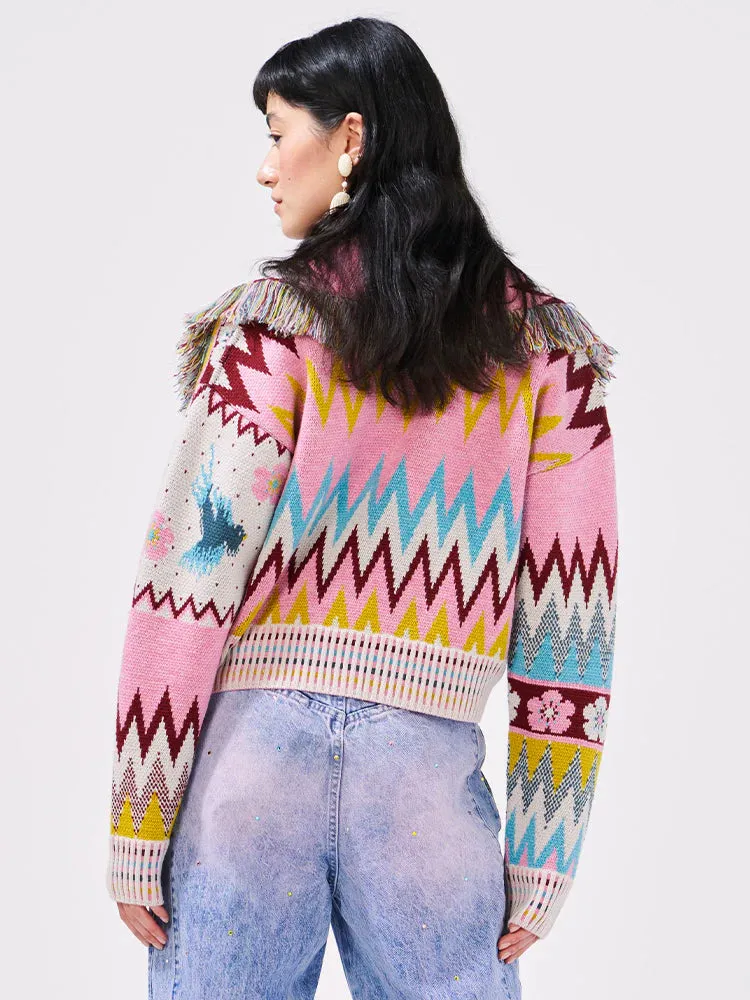 Charming Birds Merino Jacquard Fringe Bomber Cardigan