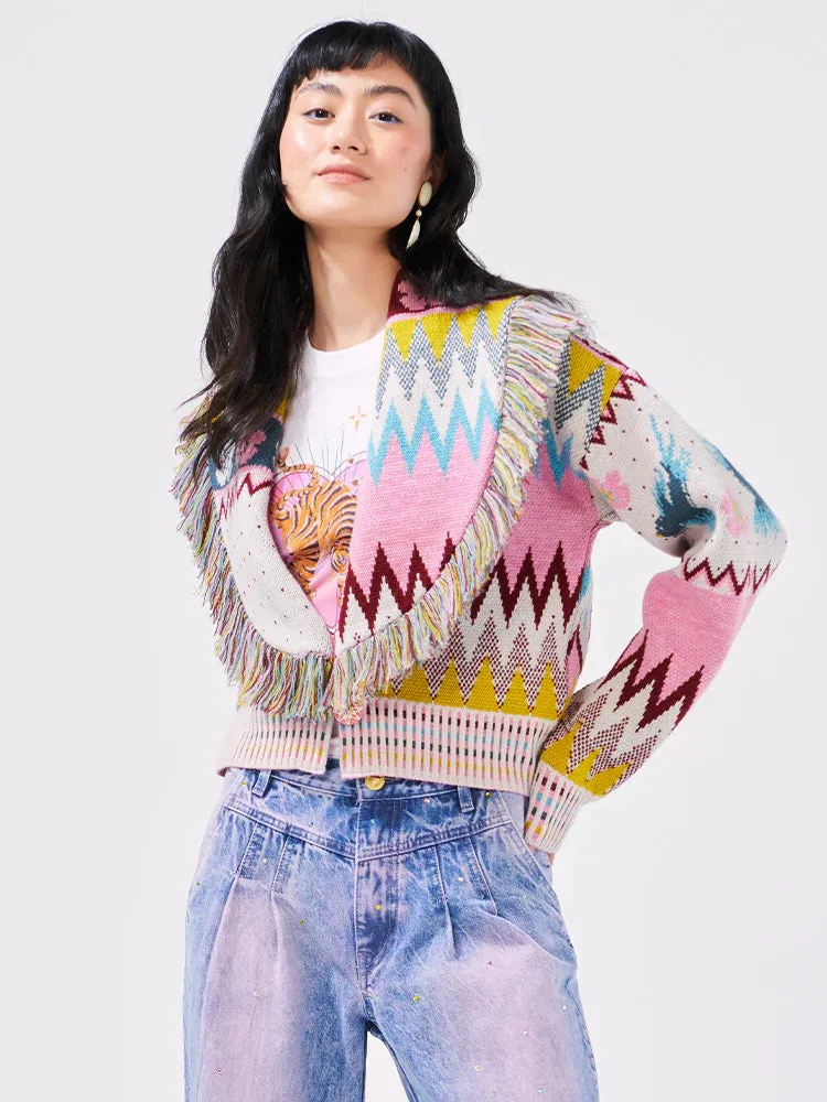 Charming Birds Merino Jacquard Fringe Bomber Cardigan