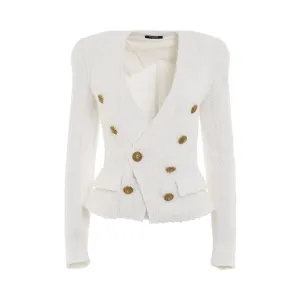 Collarless 6 Button Tweed Jacket in White