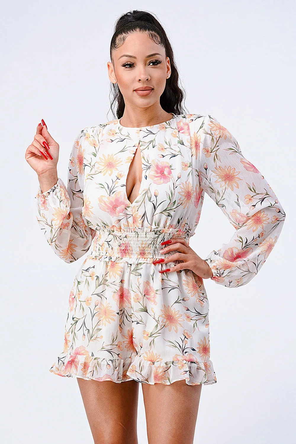 FLORAL SMOCKED KEYHOLE RUFFLED ROMPER