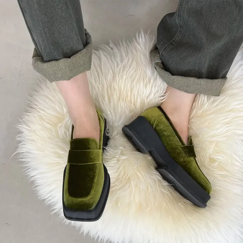 Hnzxzm Chunky Platform Suede Casual Women Shoes Winter Autumn Loafers Square Toe Designer Shoes Fad Punk Dress Mujer Zapatillas