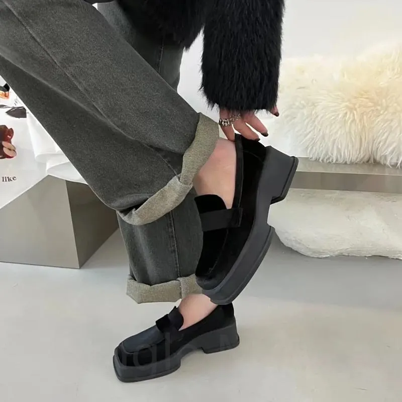 Hnzxzm Chunky Platform Suede Casual Women Shoes Winter Autumn Loafers Square Toe Designer Shoes Fad Punk Dress Mujer Zapatillas