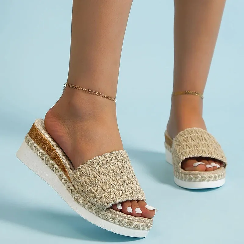 Hnzxzm Espadrilles Weaving Wedge Slippers for Women Summer Thick Sole Platform Sandals Woman Lightweight Non Slip Casual Slippers