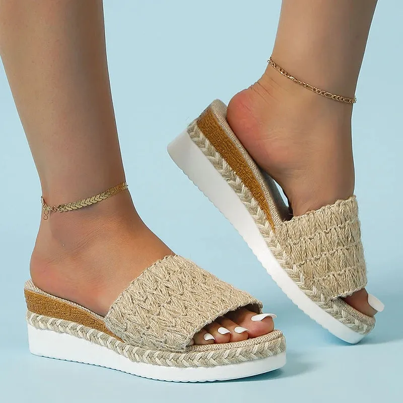 Hnzxzm Espadrilles Weaving Wedge Slippers for Women Summer Thick Sole Platform Sandals Woman Lightweight Non Slip Casual Slippers