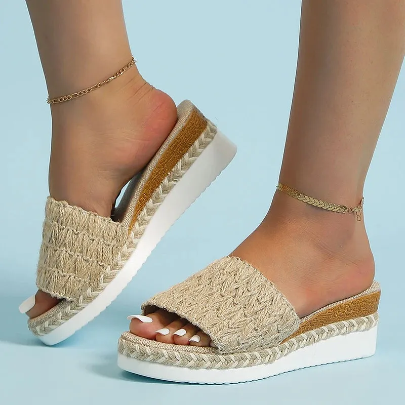 Hnzxzm Espadrilles Weaving Wedge Slippers for Women Summer Thick Sole Platform Sandals Woman Lightweight Non Slip Casual Slippers