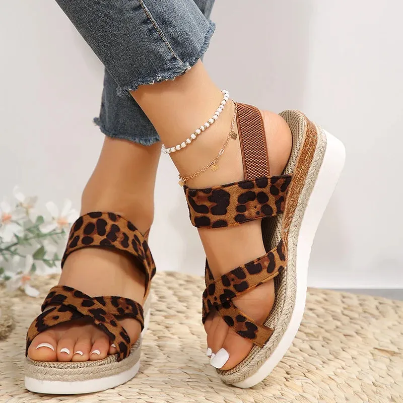 Hnzxzm Leopard Platform Sandals for Women Open Toe Thick Bottom Summer Sandals Woman 2024 Outtdoor Non-Slip Espadrilles Shoes Sandalias