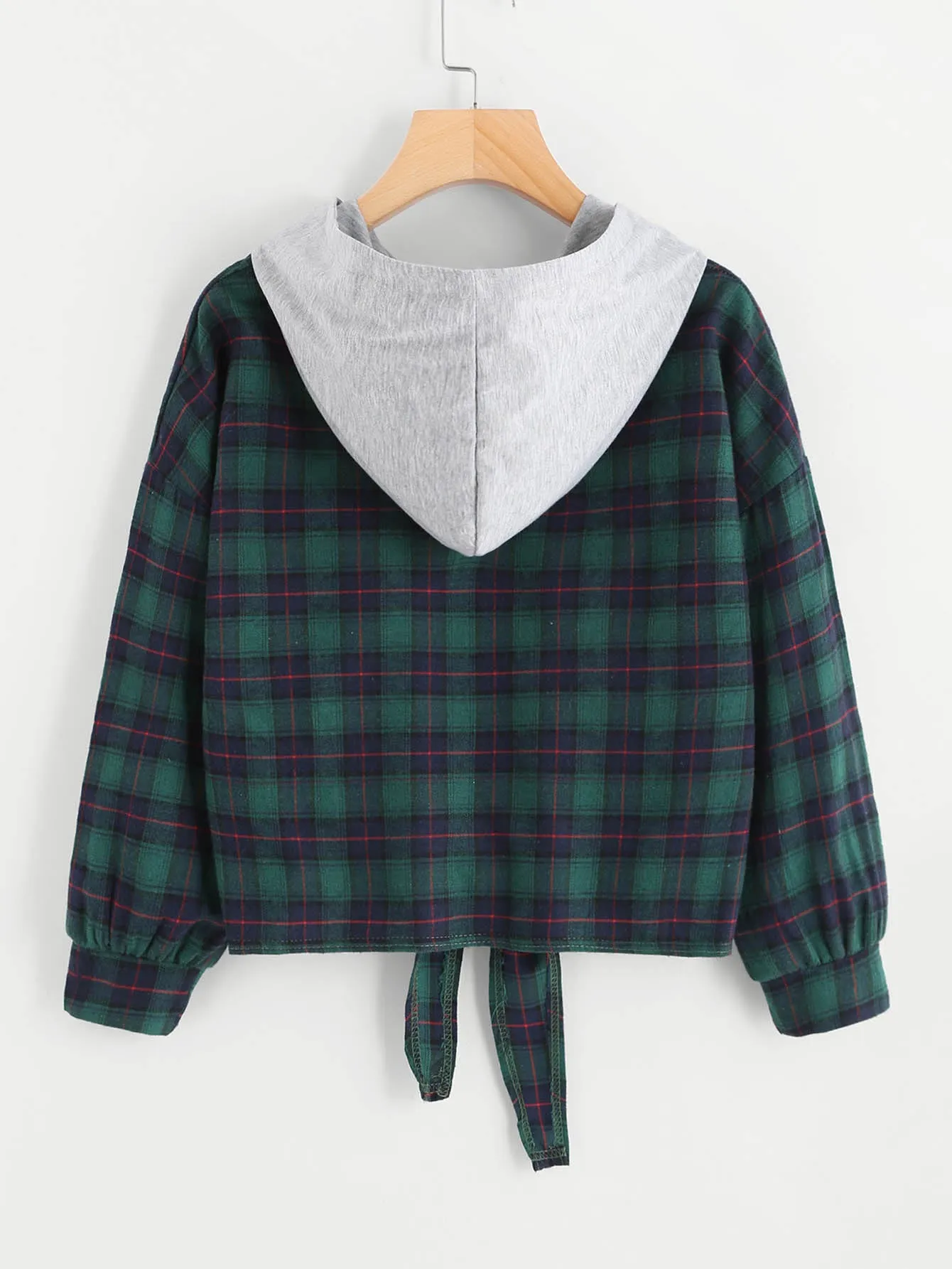 Knot Front Checked Hooded Sweatshirt