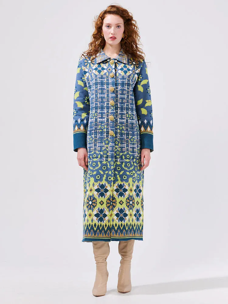 Lattice Blossom Blue Cotton Jacquard Coat