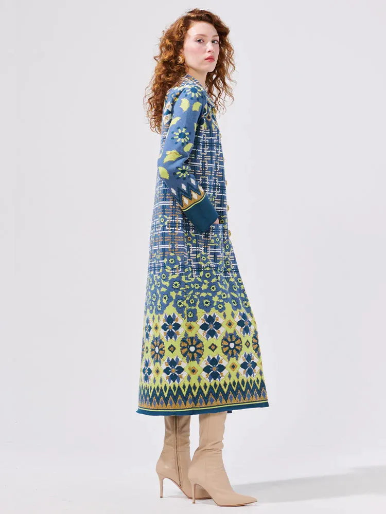 Lattice Blossom Blue Cotton Jacquard Coat