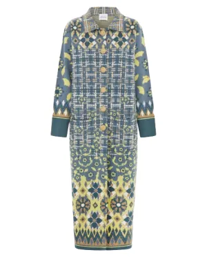 Lattice Blossom Blue Cotton Jacquard Coat