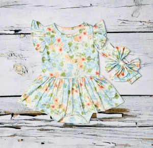 Light blue & peach floral print baby onesie w/matching headband DLH1224-07