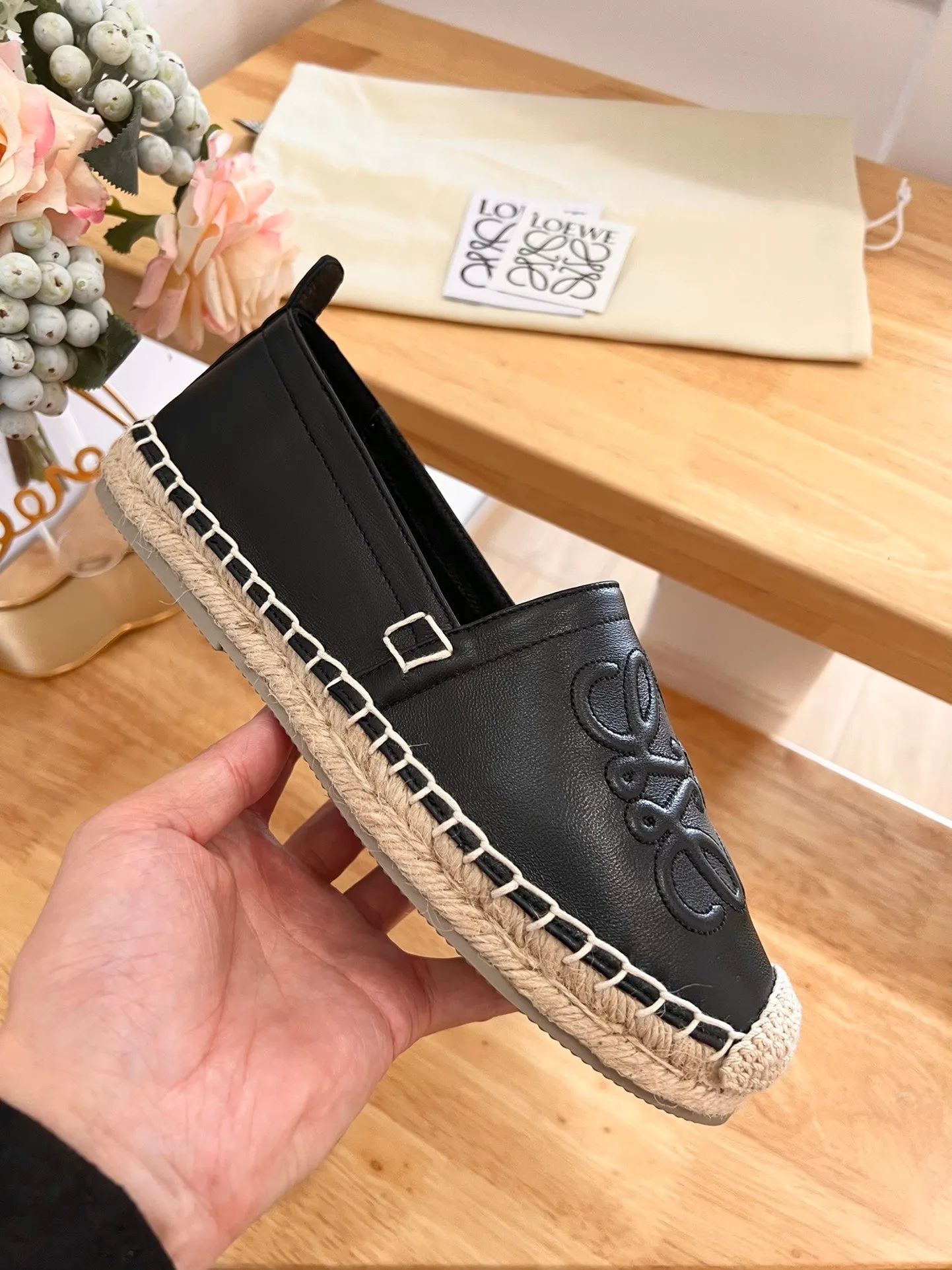 Loew Anagram Espadrille Black Leather