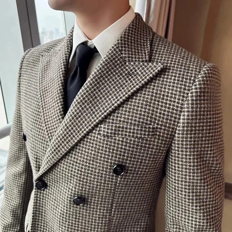 Luxury British Style Men's Double Breasted Slim Fit Houndstooth Blazer Dress Jacket