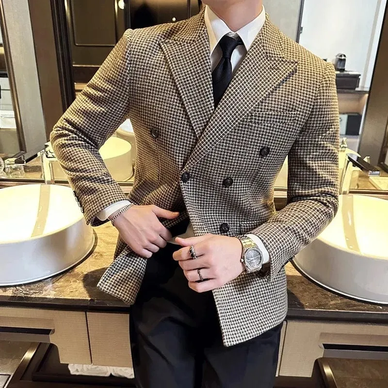 Luxury British Style Men's Double Breasted Slim Fit Houndstooth Blazer Dress Jacket