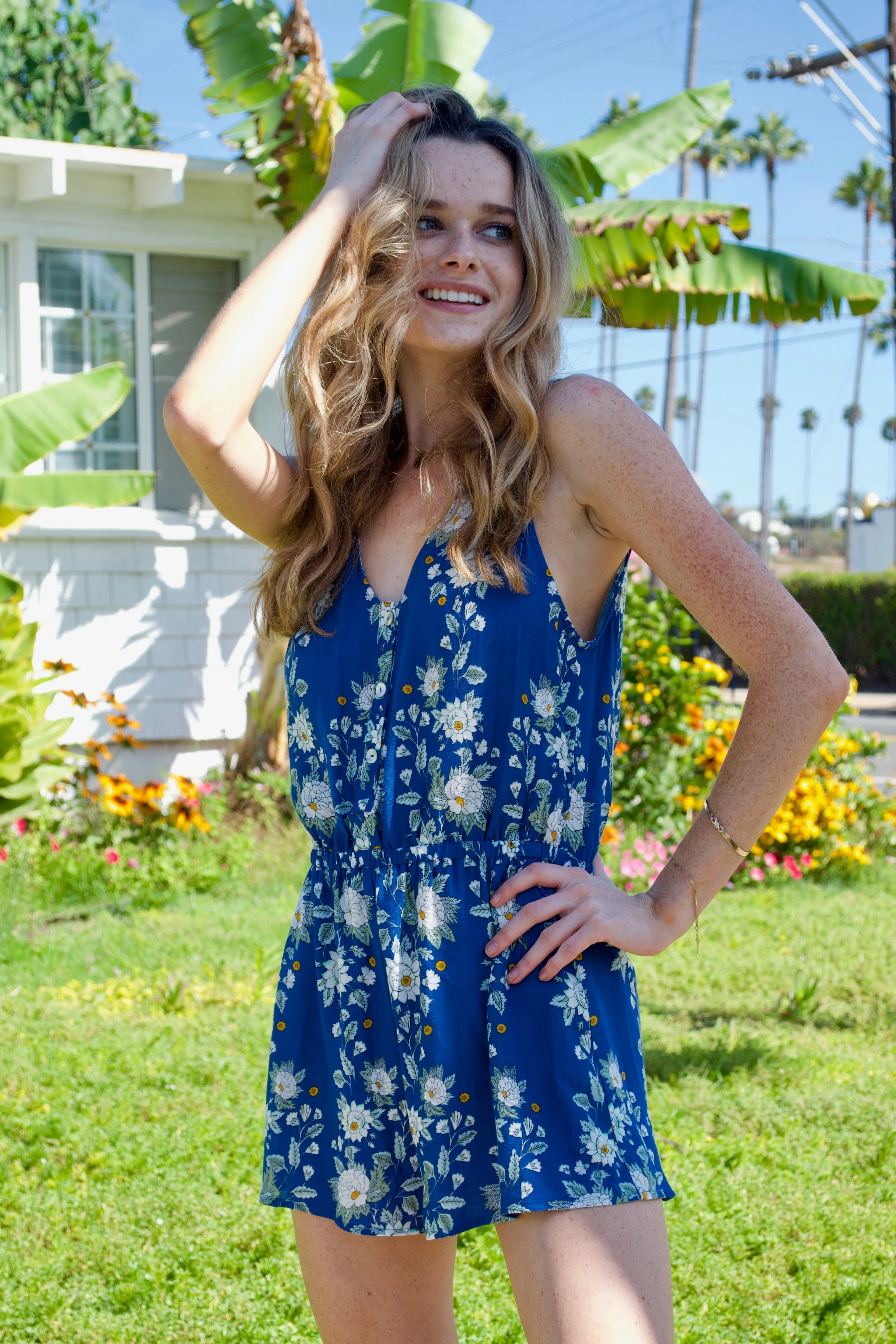 Mumu Blue & White Flower Romper