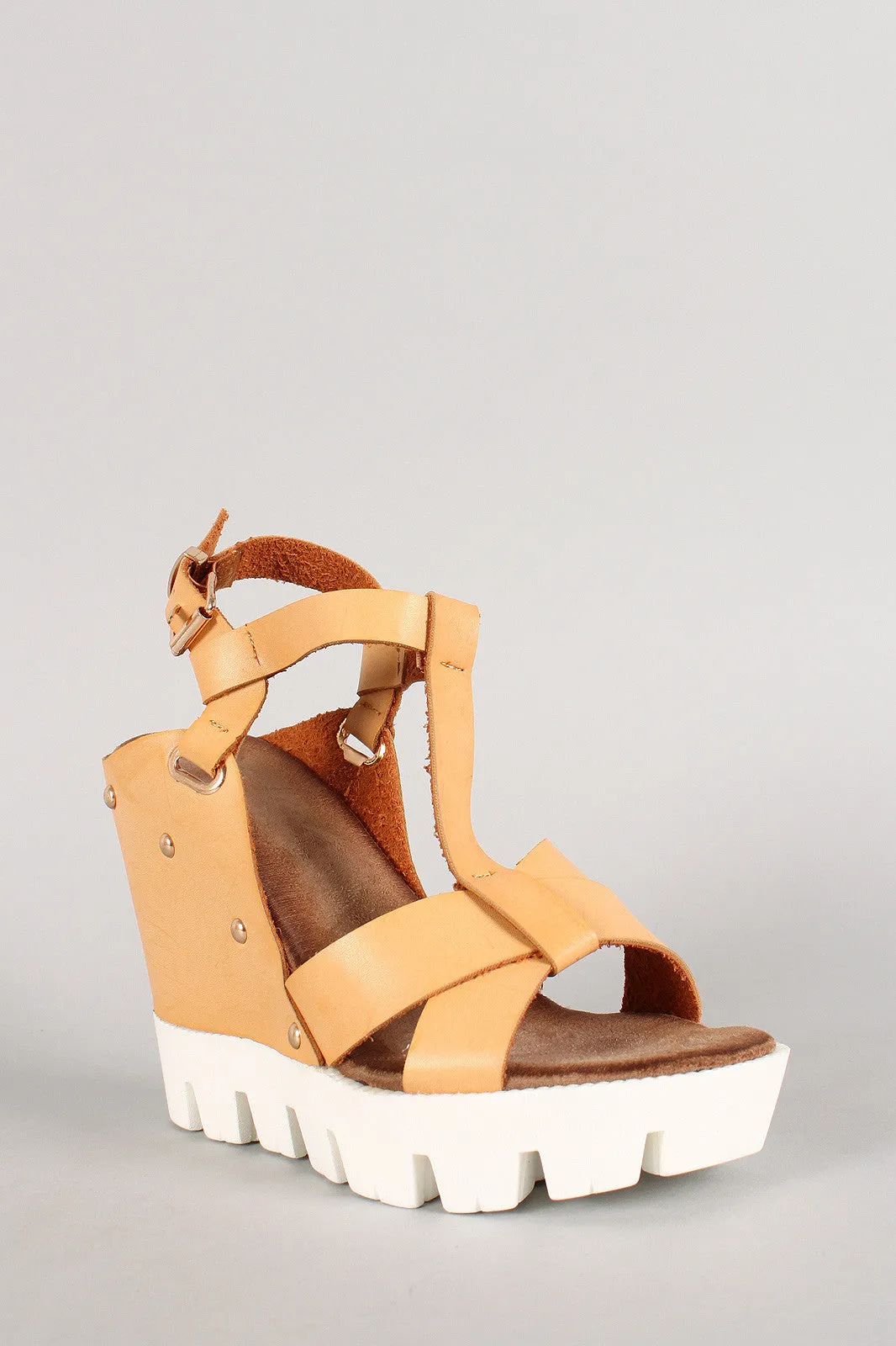 Open Toe Criss Cross Lug Sole Platform Wedge