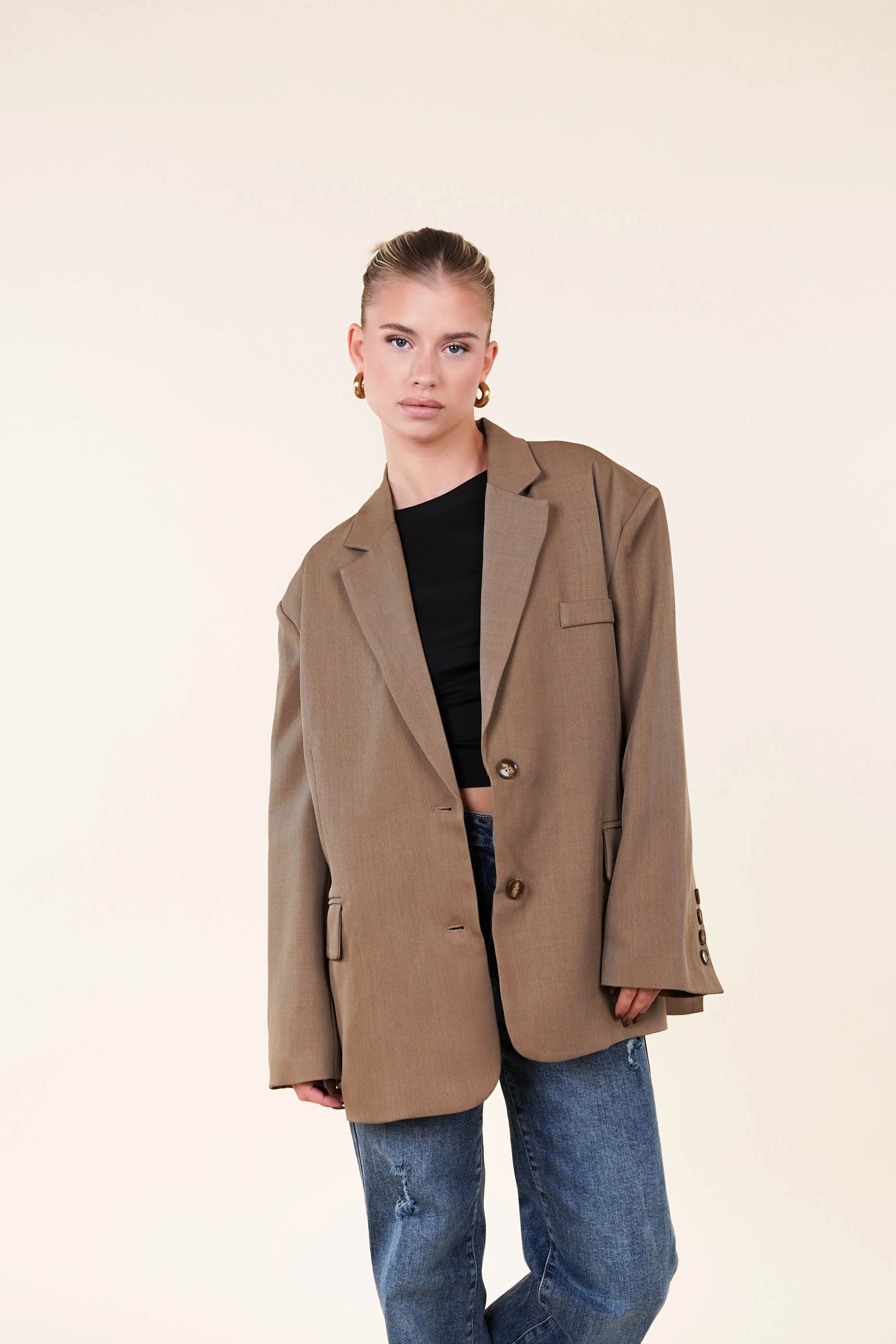 Oversized blazer met splitjes taupe - Sjuul