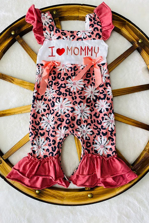 "I LOVE MOMMY" pink cheetah & flowers ruffle baby romper DLH2435