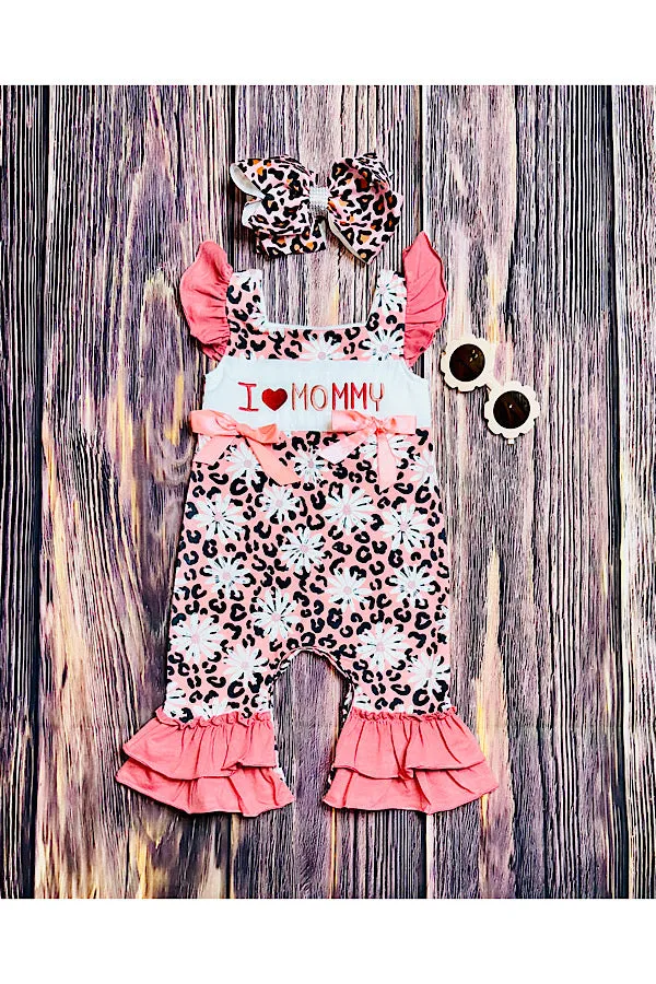 "I LOVE MOMMY" pink cheetah & flowers ruffle baby romper DLH2435