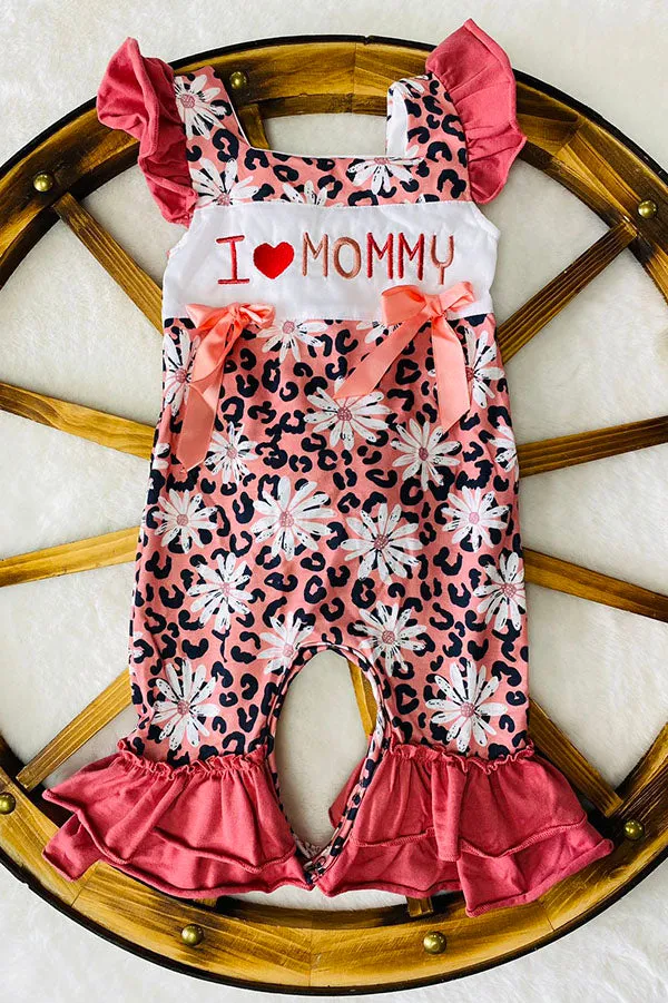 "I LOVE MOMMY" pink cheetah & flowers ruffle baby romper DLH2435