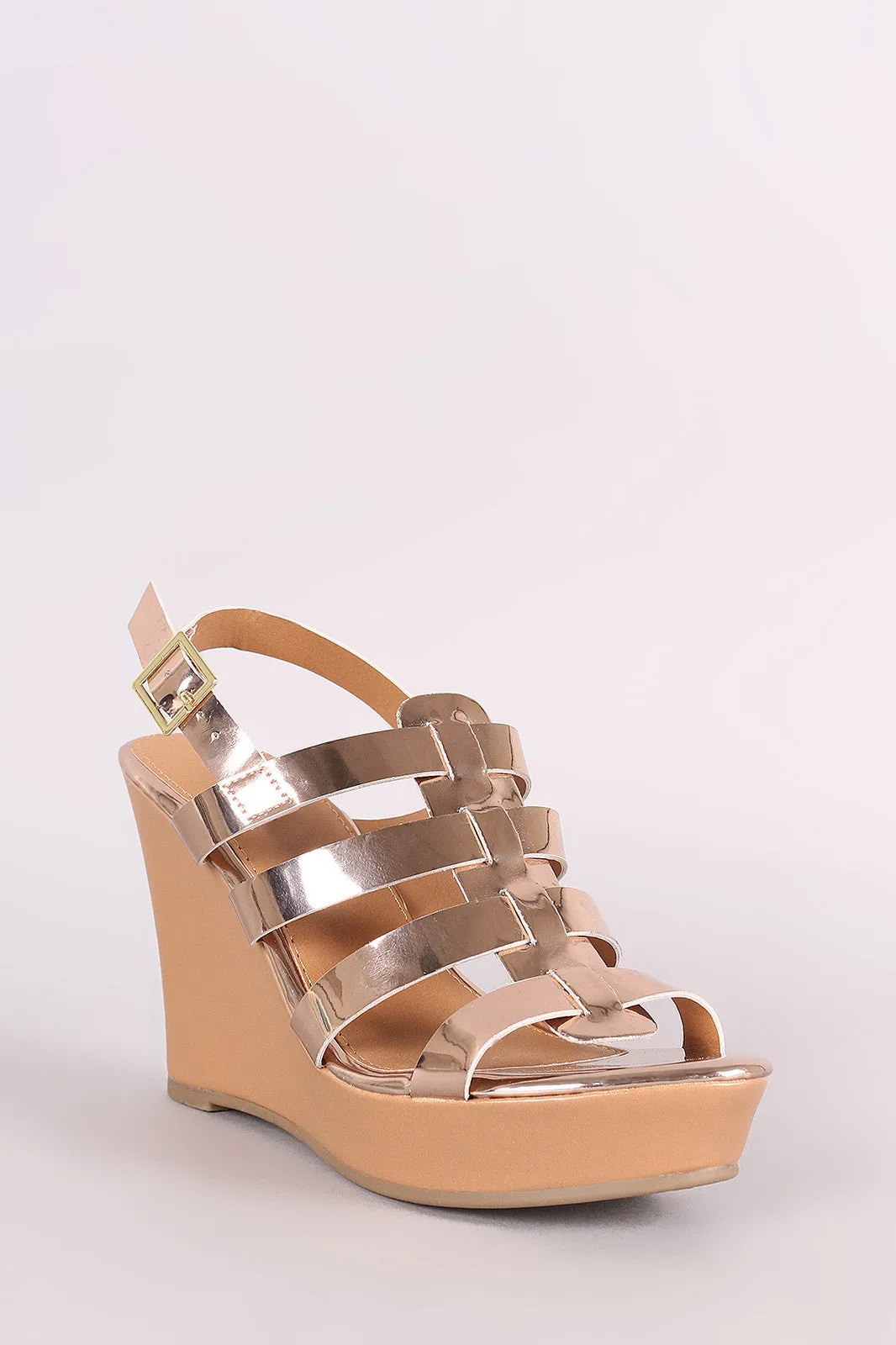 Qupid Mirror Metallic Strappy Slingback Platform Wedge