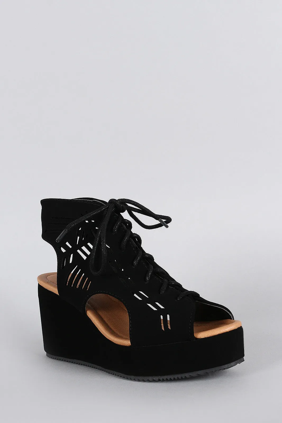 Qupid Nubuck Laser Cutout Platform Wedge