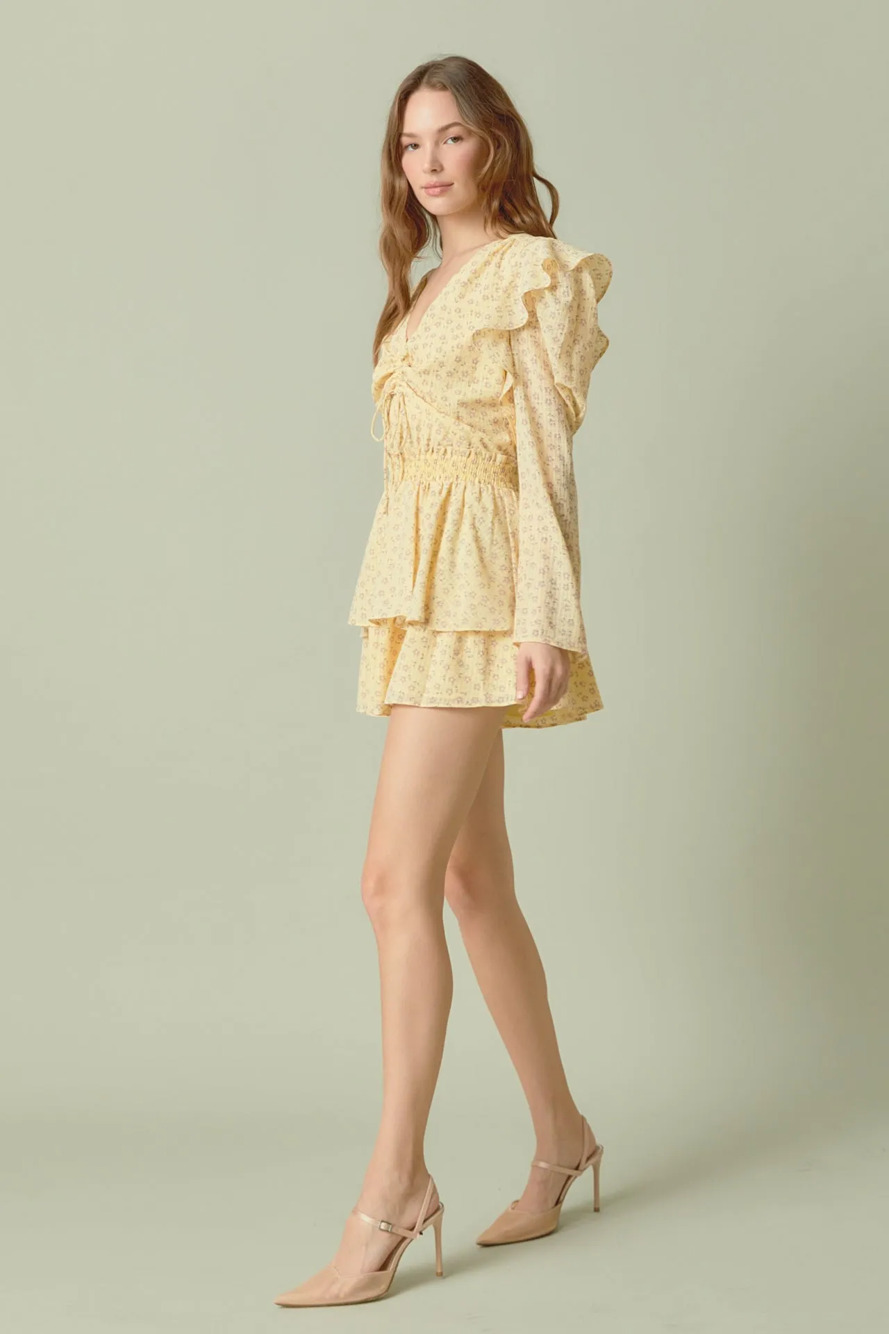 Ruched Front Long Sleeve Floral Romper